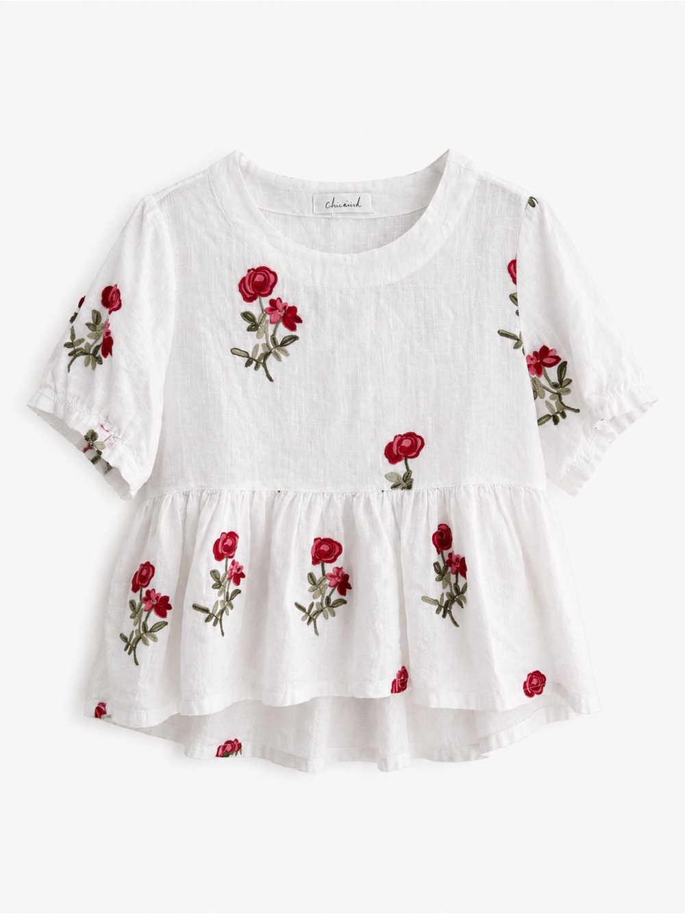 Chicwish White Linen Peplum Blouse with Red Rose Embroidery